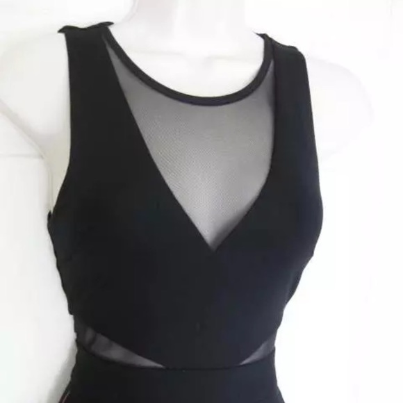 Bebe Deep V Black Mesh Inset Midi Dress - Picture 4 of 7